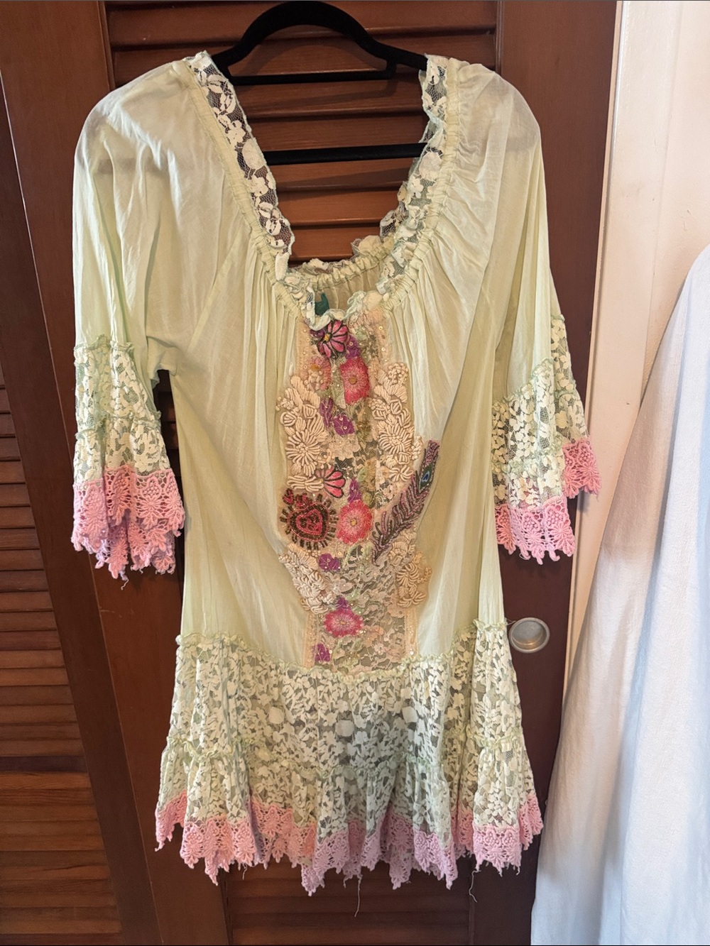 Boho Asymmetrical Lace-Trim Dress in Pale Green with Pink Accents